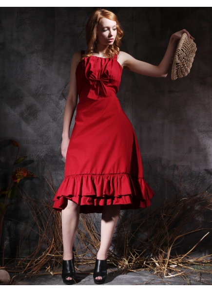 Classic Red Cotton Straps Sleeveless Tea-length Ruffles Bow Lolita Dress