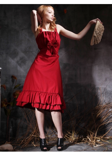 Classic Red Cotton Straps Sleeveless Tea-length Ruffles Bow Lolita Dress