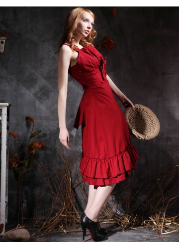 Classic Red Cotton Straps Sleeveless Tea-length Ruffles Bow Lolita Dress