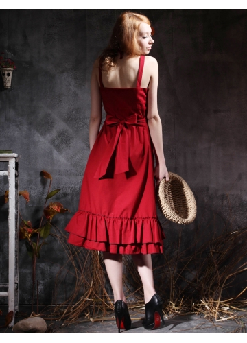 Classic Red Cotton Straps Sleeveless Tea-length Ruffles Bow Lolita Dress