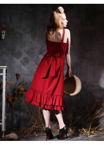 Classic Red Cotton Straps Sleeveless Tea-length Ruffles Bow Lolita Dress