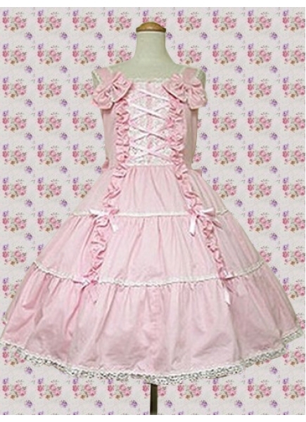 Pink Cotton Scoop Sleeveless Knee-length Bow Lace Classic Lolita Dress