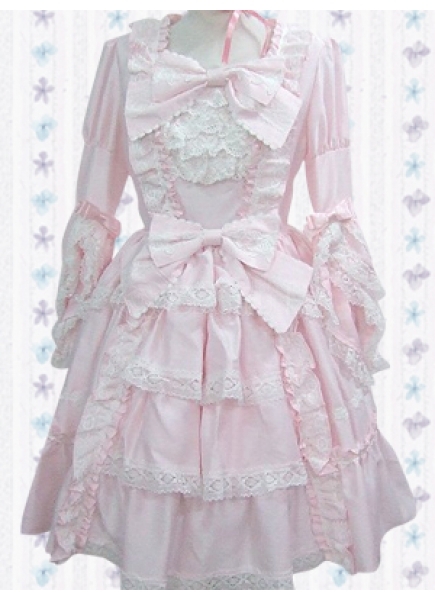 Pink And White Cotton Scoop Long Sleeves Knee-length Ruffles Classic Lolita Dress
