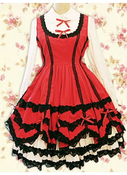 Red And White Cotton Scalloped-Edge Long Sleeves Knee-length Tiers Classic Lolita Dress