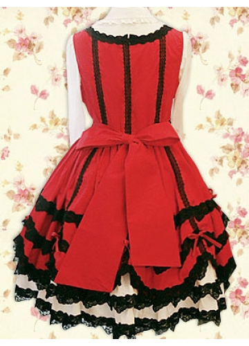 Red And White Cotton Scalloped-Edge Long Sleeves Knee-length Tiers Classic Lolita Dress
