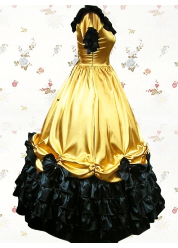 Classic Gold Satin Scoop Short Sleeves Floor-length Ruffles Bows Lolita Dress