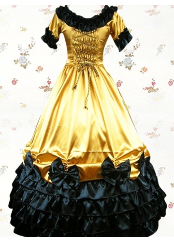 Classic Gold Satin Scoop Short Sleeves Floor-length Ruffles Bows Lolita Dress