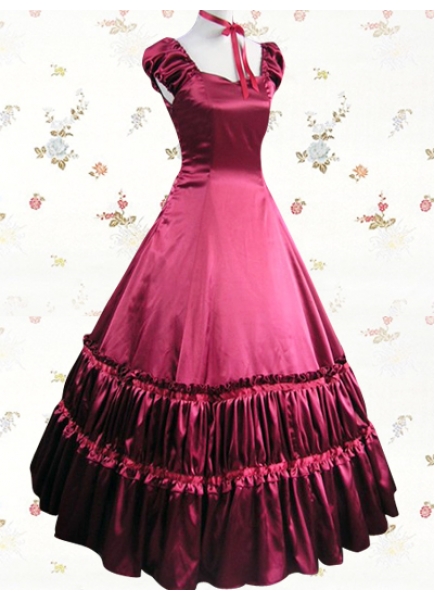 Classic Red Satin Sweetheart Cap Sleeves Floor-length Ruched Bottom Lolita Dress