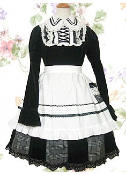 Black And White Cotton Turndown Collar Long Sleeves Knee-length Lace Classic Lolita Dress