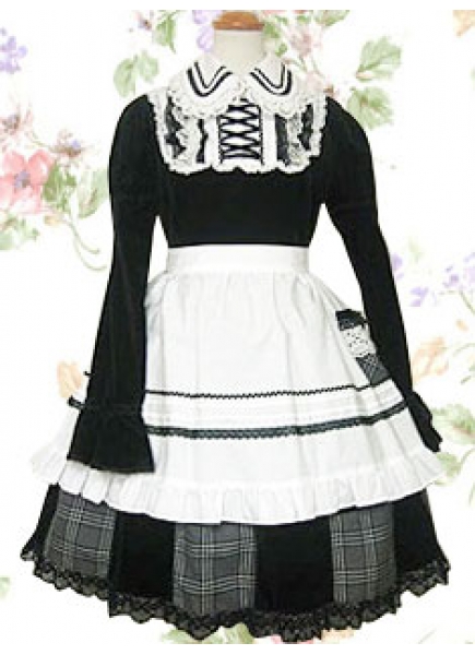 Black And White Cotton Turndown Collar Long Sleeves Knee-length Lace Classic Lolita Dress