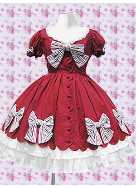 Classic Cotton Scoop Bow Short Sleeves Knee-length Double Tiers Ruffles Lolita Dress