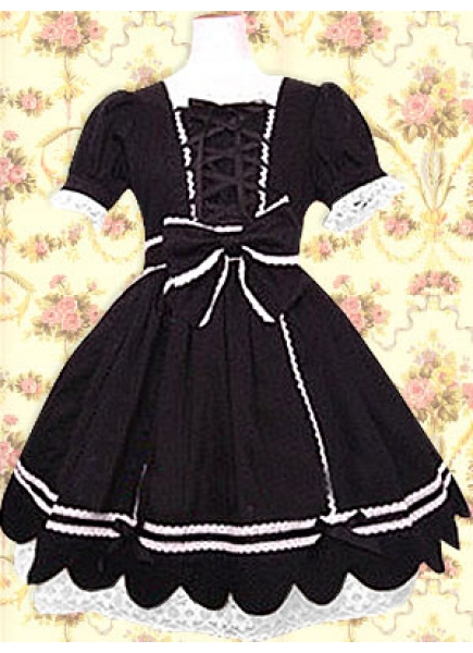 Classic Cotton Square Empire Bow Knee-length Classic Lolita Dress With Flouncing