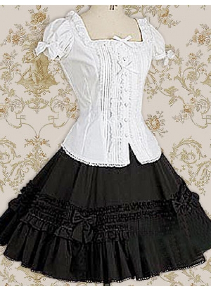 Classic Cotton Square Short Sleeves Knee-length Ruffles Bow Classic Lolita Dress With Ruffles