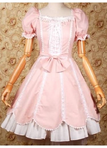 Classic Cotton Square Short Sleeves Knee-length Lace Vertical Pleats Lolita Dress