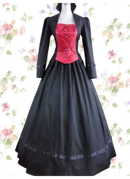 Black Cotton Square Long Sleeves Floor-length Button Ruffles Classic Lolita Dress
