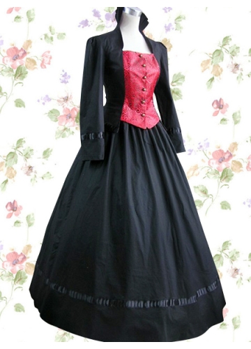 Black Cotton Square Long Sleeves Floor-length Button Ruffles Classic Lolita Dress