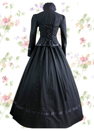 Black Cotton Square Long Sleeves Floor-length Button Ruffles Classic Lolita Dress