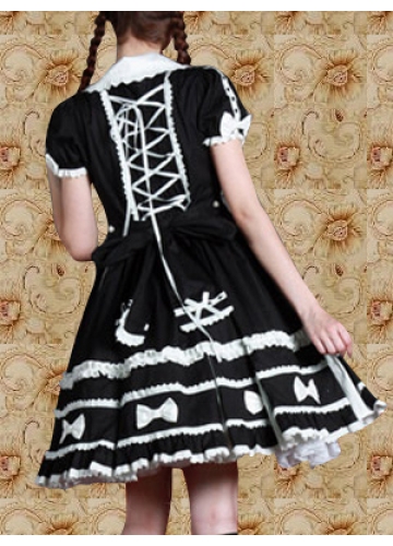 Classic Black And White Cotton Turndown Collar Short Sleeves Knee-length Bow Ruffles Sweet Lolita Dress