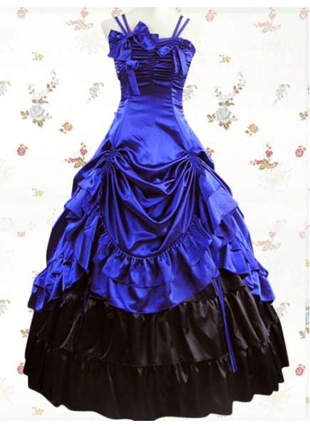 Classic Satin Spaghetti Straps Sleeveless Floor-length Ruffles Lolita Dress With Ruched Bottom