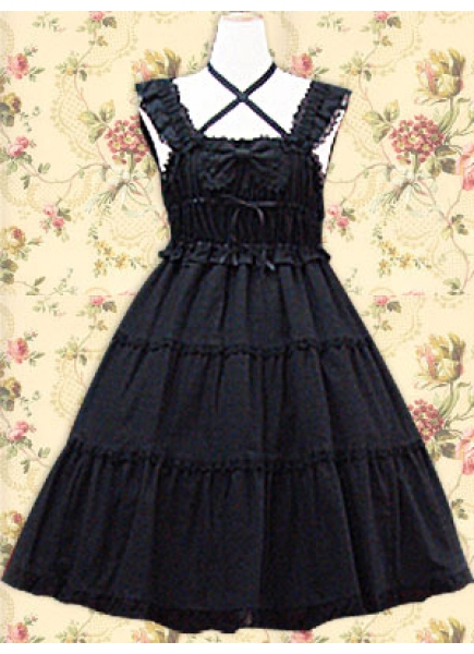 Classic Cotton Scalloped-Edge Sleeveless Knee-length Ruffles Bow Classic Lolita Dress