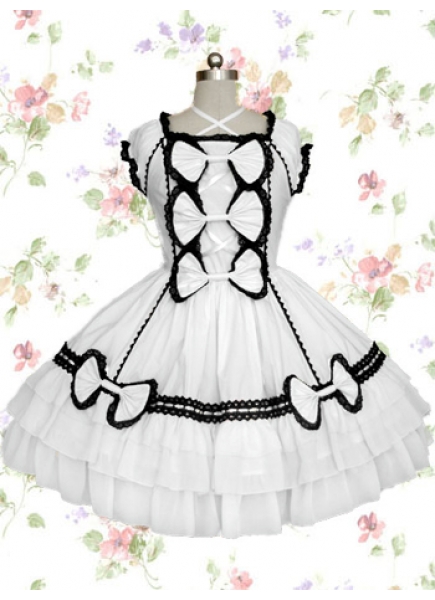 Knee-length White And Black Cotton Scoop Cap Sleeves Gothic Lolita Dress With Bow