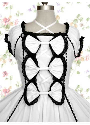 Knee-length White And Black Cotton Scoop Cap Sleeves Gothic Lolita Dress With Bow