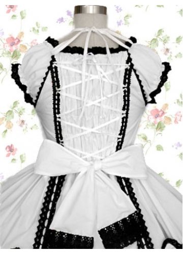 Knee-length White And Black Cotton Scoop Cap Sleeves Gothic Lolita Dress With Bow