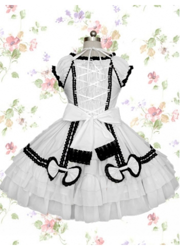 Knee-length White And Black Cotton Scoop Cap Sleeves Gothic Lolita Dress With Bow