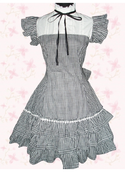 Black And White Cotton Checked Short Sleeves Ruffles Gothic Lolita Dress
