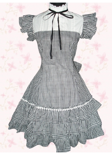 Cheap Black And White Cotton Checked Short Sleeves Ruffles Gothic ...