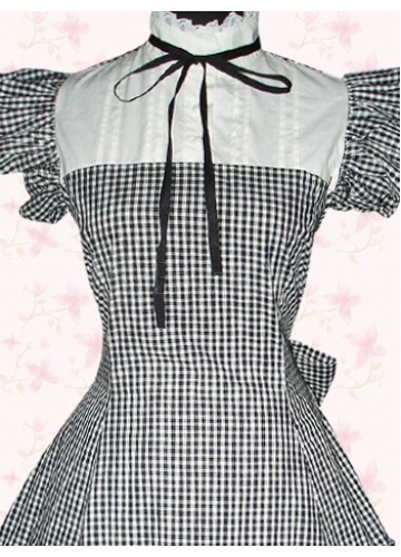 Black And White Cotton Checked Short Sleeves Ruffles Gothic Lolita Dress