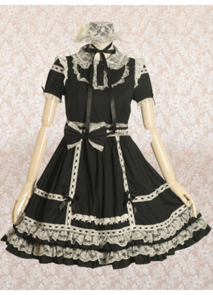 Knee-length Black Cotton Turndown Collar Short Sleeves Empire Lace Gothic Lolita Dress