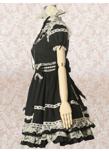 Knee-length Black Cotton Turndown Collar Short Sleeves Empire Lace Gothic Lolita Dress