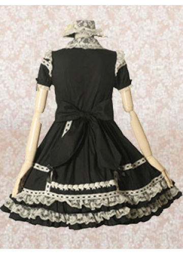 Knee-length Black Cotton Turndown Collar Short Sleeves Empire Lace Gothic Lolita Dress