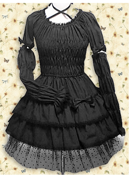 Black Cotton Scoop Long Sleeves Knee-length Gothic Lolita Dress With Shirring
