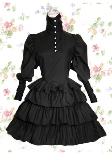 Black Cotton Stand Collar Long Sleeve Knee-length Gothic Lolita Dress With Ruffles