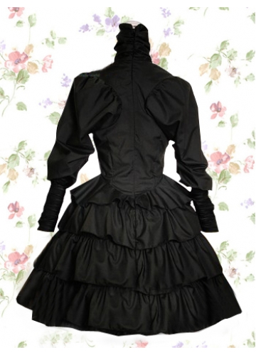 Black Cotton Stand Collar Long Sleeve Knee-length Gothic Lolita Dress With Ruffles