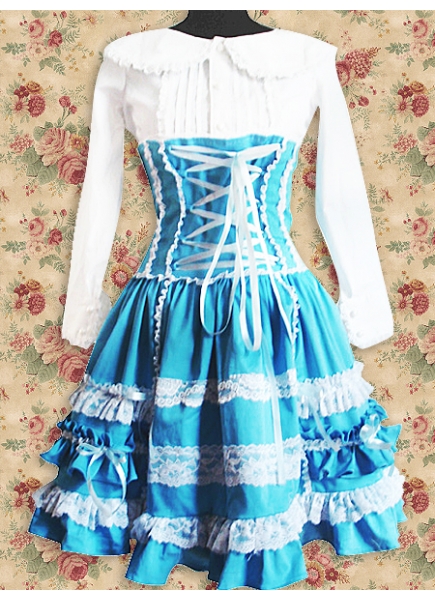 Turndown Collar Long Sleeves Empire Knee-length Cotton Gothic Lolita Dress With Ruffles