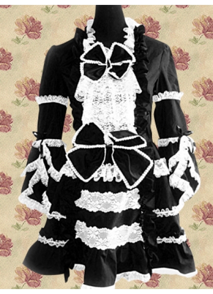 Black Cotton Lace Collar long sleeve Knee-length Gothic Lolita Dress With Lace Bow