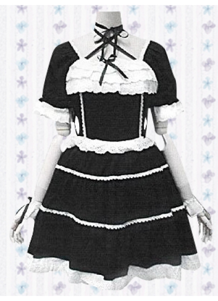 Black Cotton Halter Short Sleeves Knee-length Gothic Lolita Dress With Lace