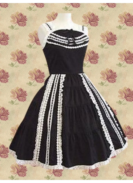 Short Black Cotton Spaghetti Straps Sleeveless Empire Gothic Lolita Dress With Pleats