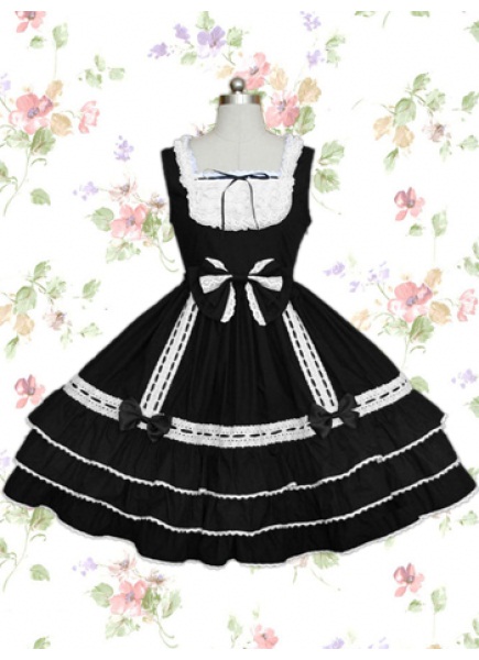 Black And White Cotton Square Sleeveless Empire Knee-length Gothic Lolita Dress With Bow