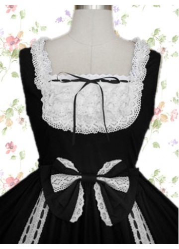 Black And White Cotton Square Sleeveless Empire Knee-length Gothic Lolita Dress With Bow