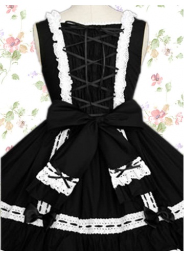 Black And White Cotton Square Sleeveless Empire Knee-length Gothic Lolita Dress With Bow