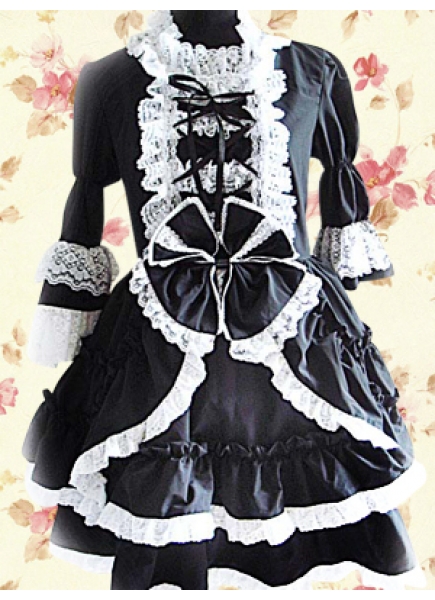 Black Cotton Lace Collar Half Sleeve Knee-length Gothic Lolita Dress With Bow