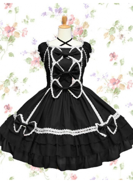 Cotton Black And White Scoop Sleeveless Knee-length Gothic Lolita Dress With Ruffles