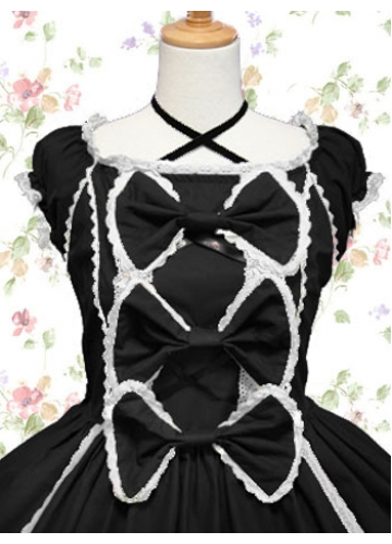 Cotton Black And White Scoop Sleeveless Knee-length Gothic Lolita Dress With Ruffles