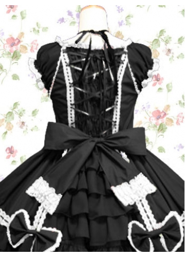 Cotton Black And White Scoop Sleeveless Knee-length Gothic Lolita Dress With Ruffles