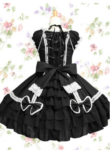 Cotton Black And White Scoop Sleeveless Knee-length Gothic Lolita Dress With Ruffles