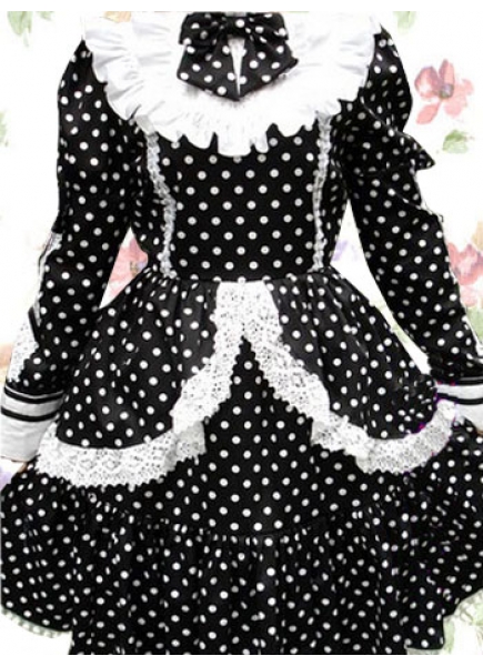 Black And White Cotton Round Neck Long Sleeves Empire Knee-length Gothic Lolita Dress